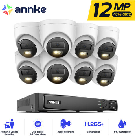 ANNKE 12MP Kit Videosorveglianza Esterno, 8 x Telecamere Esterno PoE da 12MP con Audio, NVR da 16CH Rilevamento di Persone/Veicoli, Visione Notturna a Colori (1/5)