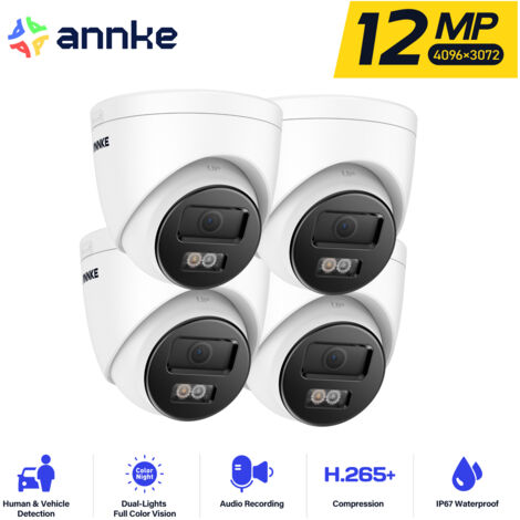 ANNKE 12MP 4PCS Telecamera di Sorveglianza Esterno POE Telecamera Rilevamento di Persone/Veicoli, Visione Notturna a Colori da 100 piedi, H.265+, Impermeabile IP67, Videosorveglianza 24/7