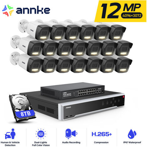 ANNKE 12MP Kit di Videosorveglianza Cablata PoE 32CH NVR 20×Telecamere Visione Notturna IRIntelligenti Doppia Luce Avviso E-mail,APP/PC Sistema di Videosorveglianza Esterno Remota 8TB