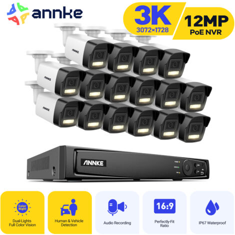 ANNKE Kit di videosorveglianza esterna cablata 3K, telecamera di sorveglianza con NVR 16CH e telecamera IP PoE 16X5MP, rilevamento di persone/veicoli, visione notturna a colori