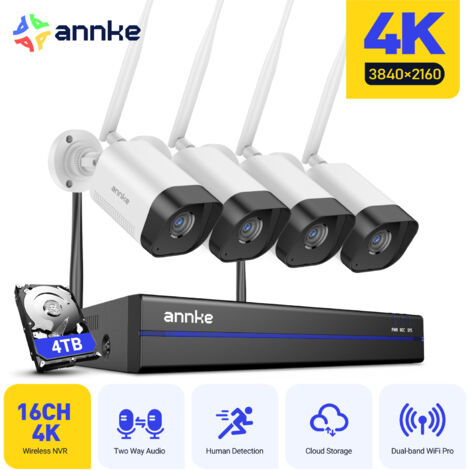 ANNKE Kit di videosorveglianza wireless 8MP, 16 canali con 4 telecamere, audio bidirezionale, visione notturna, rilevamento movimento, 4TB