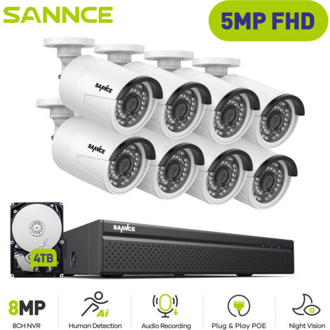 SANNCE 5MP Kit di videosorveglianza Esterno 8 Telecamere IP Sistema di Telecamere di Sicurezza Smart IR PoE Visione Notturna 4TB (1/5)