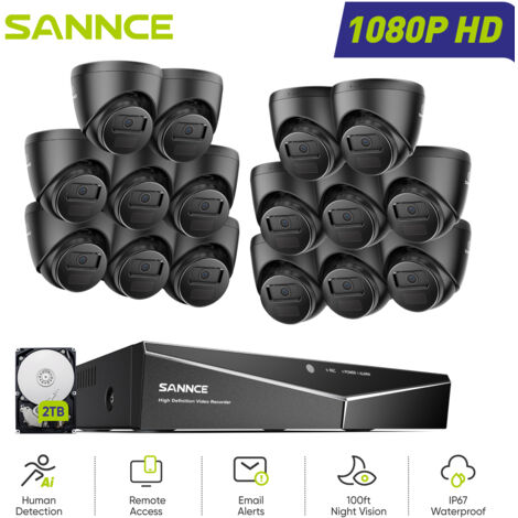 SANNCE 1080P Kit di Videosorveglianza Cablato 16CH 16 Telecamere Turret 2MP,Sistema di Telecamere di Sicurezza Cablato Visione Notturna Accesso Remoto,2TB HDD (1/5)