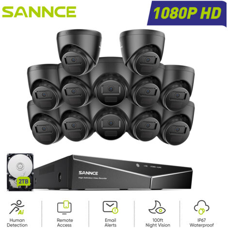 SANNCE 1080P Kit di Videosorveglianza Cablato 16CH 12 Telecamere Turret 2MP,Sistema di Telecamere di Sicurezza Cablato Visione Notturna Accesso Remoto,2TB HDD (1/5)