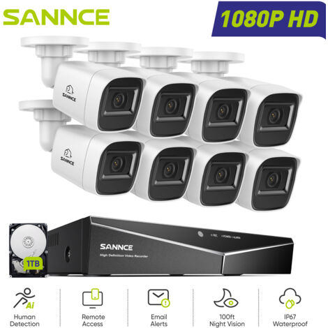 SANNCE Kit di Videosorveglianza Cablato 1080P 16CH 8 Telecamere Bullet 2MP,Sistema di Telecamere di Sicurezza Accesso Remoto Visione Notturna,1TB HDD (1/5)