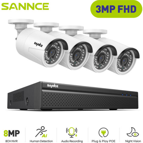 SANNCE Kit di videosorveglianza Esterna 3MP 4×Telecamere IP Visione Notturna IR Intelligente, Kit Telecamera di Sorveglianza Cablata Rilevamento Movimento