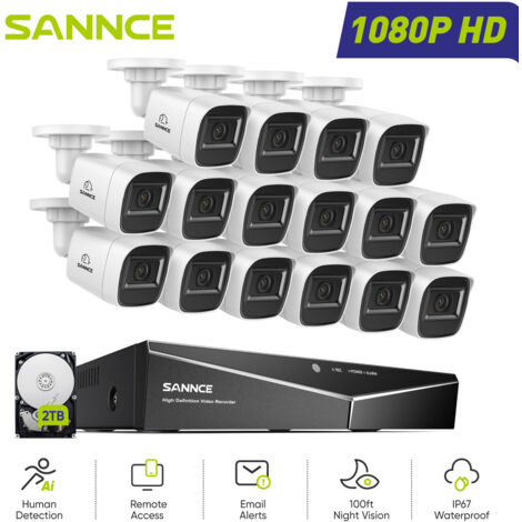 SANNCE Kit di Videosorveglianza Cablato 1080P 16CH 16 Telecamere Bullet 2MP,Sistema di Telecamere di Sicurezza Accesso Remoto Visione Notturna,2TB HDD (1/5)