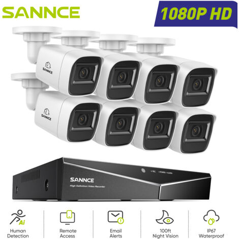 SANNCE Kit di Videosorveglianza Cablato 1080P 16CH 8 Telecamere Bullet 2MP,Sistema di Telecamere di Sicurezza Accesso Remoto Visione Notturna (1/5)