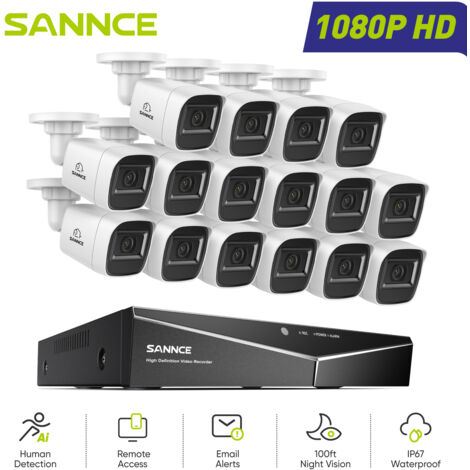 SANNCE Kit di Videosorveglianza Cablato 1080P 16CH 16 Telecamere Bullet 2MP,Sistema di Telecamere di Sicurezza Accesso Remoto Visione Notturna (1/5)