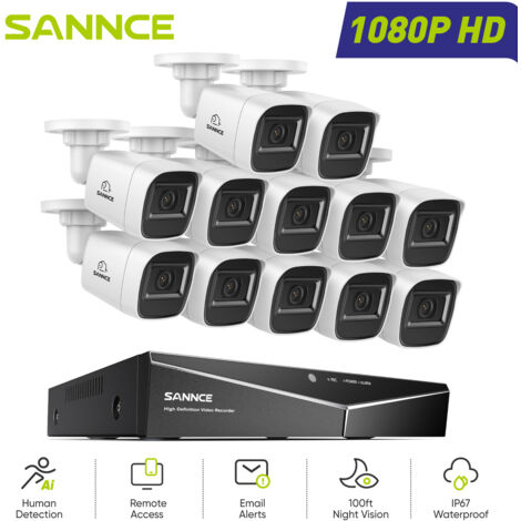 SANNCE Kit di Videosorveglianza Cablato 1080P 16CH 12 Telecamere Bullet 2MP,Sistema di Telecamere di Sicurezza Accesso Remoto Visione Notturna (1/5)