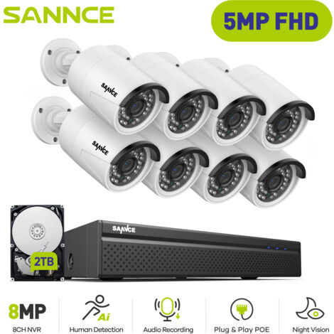 SANNCE PoE Kit di Videosorveglianza 8CH NVR 5MP 8Telecamera Smart IR Visione Notturna Microfono Incorporato Impermeabilità IP66 Sistema di Sicurezza - 2TB HDD (1/5)