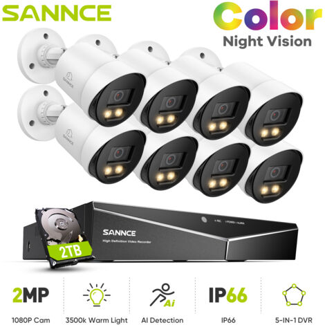 SANNCE Kit di videosorveglianza visione notturna 1080P TVI Bullet TVI Bullet,Telecamera di sicurezza cablata,8PCS 2TB (1/5)