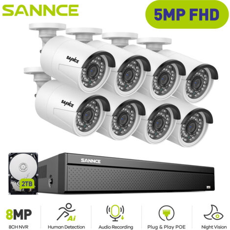 SANNCE PoE Kit di Videosorveglianza Cablato,16CH NVR with 5MP×8 PoE Telecamera di Sicurezza Registrazione 24/7 Telecamera Videosorveglianza Visione Notturna,2TB HDD (1/5)