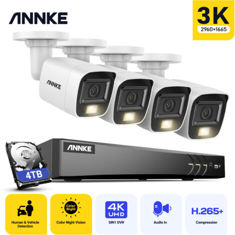 ANNKE Kit de cámara vigilancia cable, 4K DVR y 4 cámaras 5MP, visión nocturna color, micrófono incorporado, acceso remoto, 4TB (1/5)