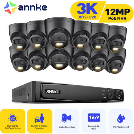 ANNKE Cámara de vigilancia exterior cable 3K, kit de videovigilancia con NVR 16 canales IP PoE 12X5MP, visión nocturna color, detección de personas/vehículos