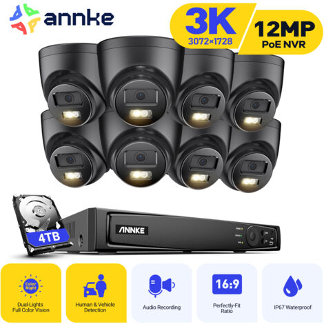ANNKE Cámara de vigilancia exterior cable 3K, kit de videovigilancia con NVR 16 canales IP PoE 8X5MP, visión nocturna color, detección de personas/vehículos,disco duro de 4 TB