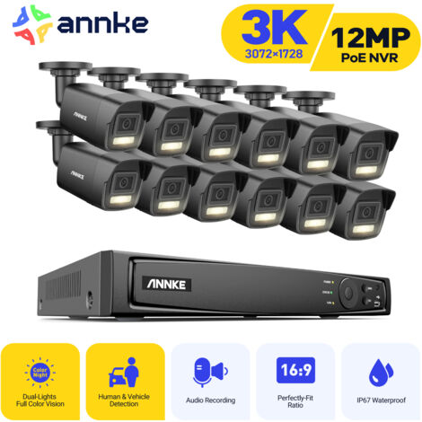 ANNKE Kit de videovigilancia exteriores cable 3K, NVR 16 canales y cámara PoE 12X5MP, detección de personas/vehículos, visión nocturna color, luz dual inteligente