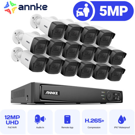 ANNKE Kit Camara de Vigilancia 5MP ×16 Cámara POE Exterior Visión Nocturna Grabación 24/7 Cámara Sistema de videovigilancia Acceso Remoto