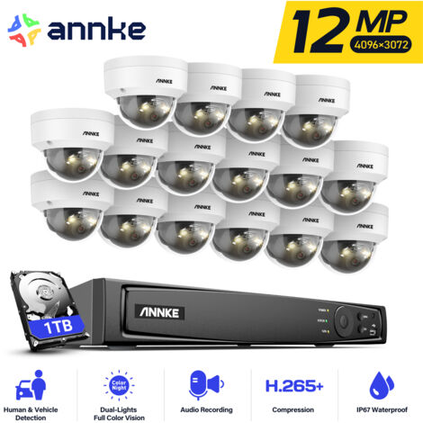 ANNKE 12MP PoE Kit de videovigilancia,16 x cámaras exteriores color visión nocturna infrarrojos,micrófono incorporado, detección personas/vehículos,24 /7 Sistema de Vigilancia 1TB (1/5)