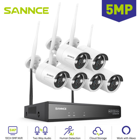 SANNCE 5MP Kit de Videovigilancia Exteriores POE NVR 6 Cámaras Visión Nocturna Audio Bidireccional WiFi Sistema de Cámaras de Seguridad