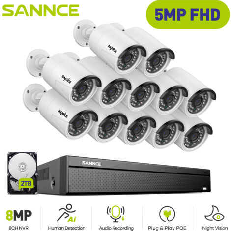 SANNCE Sistema de cámaras CCTV cable PoE,16 canales cámara de seguridad PoE de 5MP×12,grabación 24/7 visión nocturna,2TB HDD (1/5)