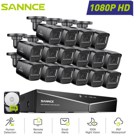 SANNCE 1080P Kit Cámaras de Vigilancia Cable,16CH DVR con 16 Cámaras 2MP Visión Nocturna Sistema Cámara de Seguridad Acceso Remoto,1TB (1/5)