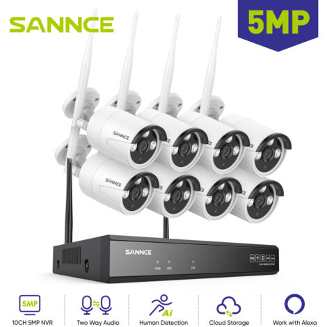 SANNCE 5MP Kit de Videovigilancia Exteriores POE NVR 8 Cámaras Visión Nocturna Audio Bidireccional WiFi Sistema de Cámaras de Seguridad