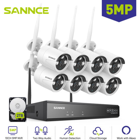 SANNCE 5MP Kit de Videovigilancia Exteriores POE NVR 8 Cámaras Visión Nocturna Audio Bidireccional WiFi Sistema de Cámaras de Seguridad 2TB