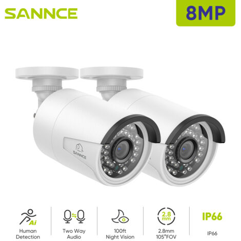 SANNCE Cámara IP de seguridad Super HD PoE para exteriores de 8 MP con grabación de audio para NVR SANNCE N98PBD/N96PBK (paquete de 2) (1/5)