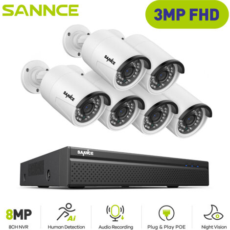 SANNCE Sistema de Cámara de Seguridad CCTV 8 Canales 3MP HD 6 Cámara Smart IR Visión Nocturna Videosurvelliance Kits APP/PC Remoto