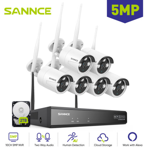 SANNCE 5MP Kit de Videovigilancia Exteriores POE NVR 6 Cámaras Visión Nocturna Audio Bidireccional WiFi Sistema de Cámaras de Seguridad 2TB (1/5)