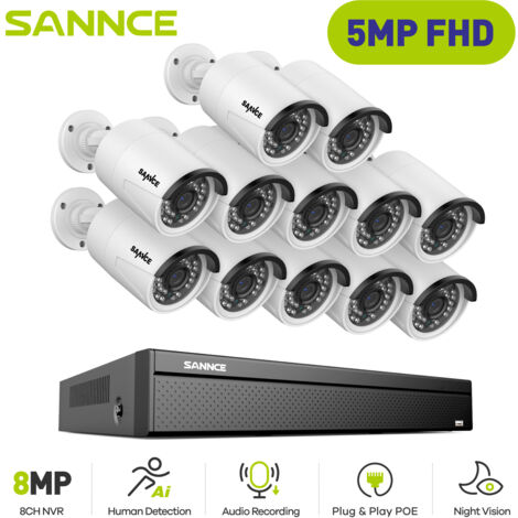 SANNCE Sistema de cámaras CCTV cable PoE,16 canales cámara de seguridad PoE de 5MP×12,grabación 24/7 visión nocturna (1/5)