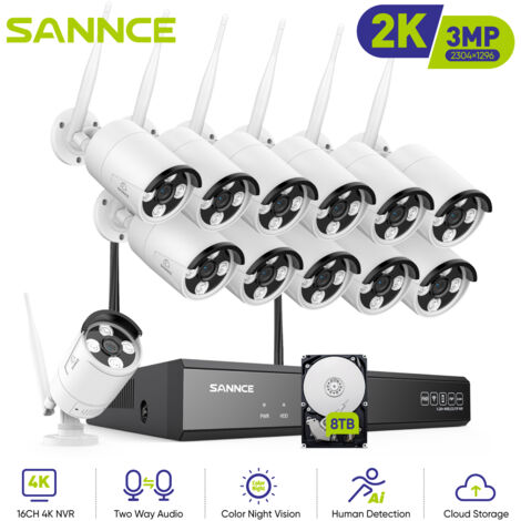 SANNCE Sistema de cámara de seguridad de red WiFi de 3 MP con grabación de audio y alarma de detección de personas IP66 (1/5)