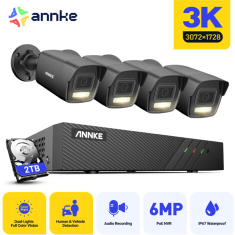 ANNKE 8 Channel 3K 4 Cameras PoE Security System,IP67 Waterproof,Human & Vehicle Detection,Color & IR Night Vision, Built-in Microphone - 2TB HDD
