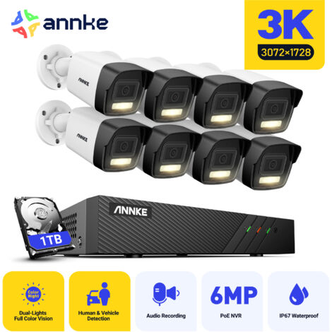 ANNKE 3K 8 Channel 8 Cameras PoE Security System, Color & IR Night Vision, 30721728 Resolution, Human & Vehicle Detection, Built-in Microphone - 1TB HDD