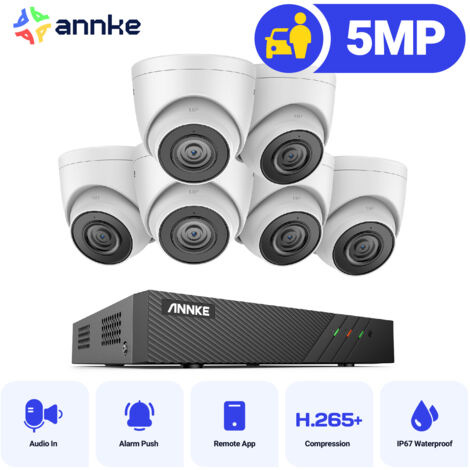 ANNKE 8 Channel PoE Security System with 6 Turret Cameras, EXIR 2.0 Night Vision, Built-in Mic & SD Card Slot, Works with Alexa , IP67  Waterproof - NO HDD (1/5)