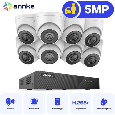 ANNKE 5MP 8 Channel PoE Security System with 8 Turret Cameras, Built-in Mic & SD Card Slot, EXIR 2.0 Night Vision, Works with Alexa , IP67  Waterproof - NO HDD (1/5)