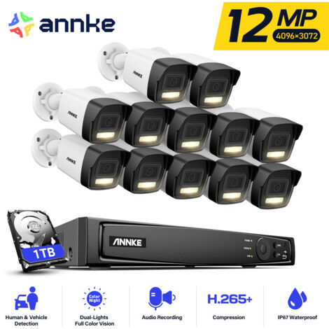 ANNKE 16-Channel 12MP PoE CCTV Kit, Smart Person and Vehicle Detection, 12x12MP Waterproof PoE Outdoor IP Camera, 24/7 Recording, Color Night Vision 1TB