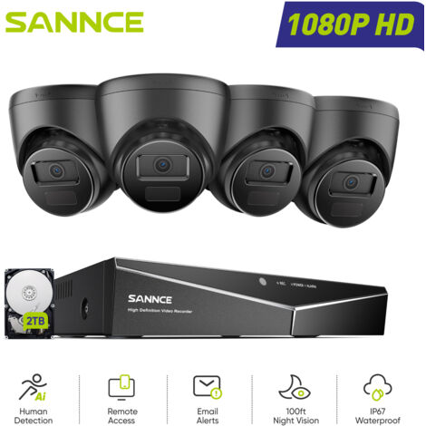 SANNCE 1080P Wired Surveillance Camera Kit 16CH 4 Camera Turret 2MP, Wired Security Camera System Night Vision Remote Access, 2TB HDD (1/5)