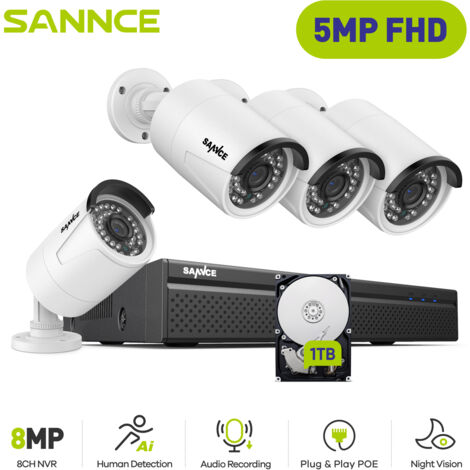 SANNCE 5MP H.264+ PoE NVR POE Surveillance Kit 8 Channel with 4 CCTV Cameras 5MP Recorder IP66 Waterproof Security Camera System for Indoor Outdoor,1TB HDD