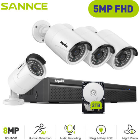 SANNCE 5MP H.264+ PoE NVR POE Surveillance Kit 8 Channel with 4 CCTV Cameras 5MP Recorder IP66 Waterproof Security Camera System for Indoor Outdoor,2TB HDD (1/5)