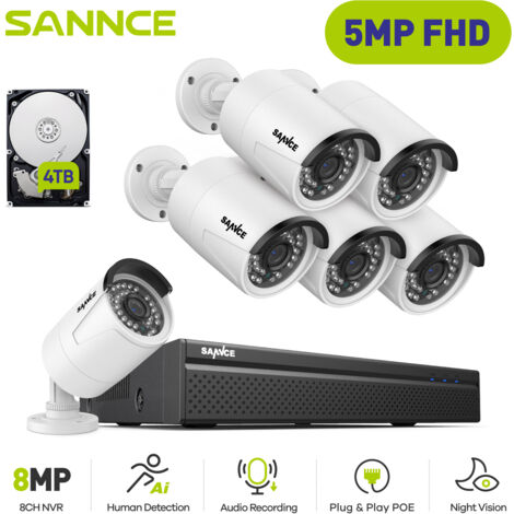 SANNCE 5MP H.264+ PoE NVR 8 Channel POE NVR with 6 CCTV Cameras 5MP Recorder Waterproof IP66 Security Camera System for Indoor Outdoor,4TB HDD (1/5)