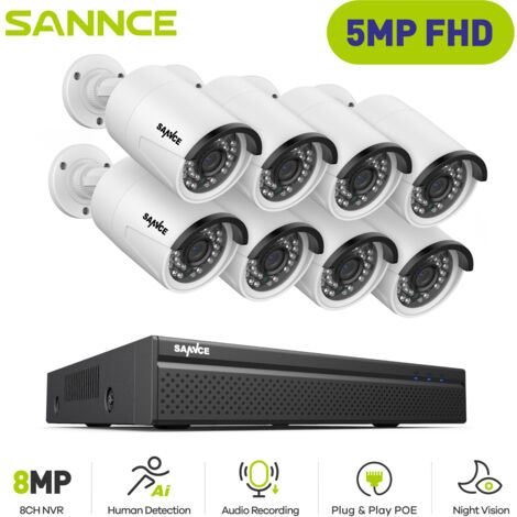 SANNCE PoE Surveillance Camera Kit 8CH NVR 5MP 8Smart IR Camera Night Vision Built-in Microphone IP66 Waterproof Security System (1/5)