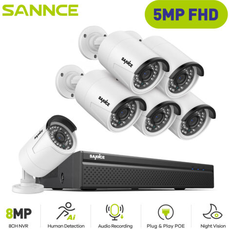 SANNCE 5MP H.264+ PoE NVR POE Surveillance Kit 8 Channel with 6 CCTV Cameras 5MP Recorder IP66 Waterproof Security Camera System for Indoor Outdoor, without HDD (1/5)