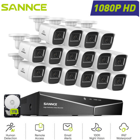SANNCE 1080P 16CH Wired Surveillance Camera Kit 16 Bullet Cameras 2MP,Security Camera System Remote Access Night Vision,1TB HDD (1/5)