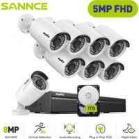 SANNCE 5MP H.264+ PoE NVR PoE NVR 8 Channel POE with 8 CCTV Cameras 5MP Recorder Waterproof IP66 Security Camera System for Indoor Outdoor,1TB HDD