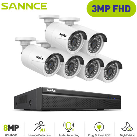 SANNCE Kit de Vidéosurveillance Exterieure 3MP 6×IP Caméras Smart IR Vision Nocturne,Détection Mouvement Kit Caméra de Surveillance Filaire (1/5)