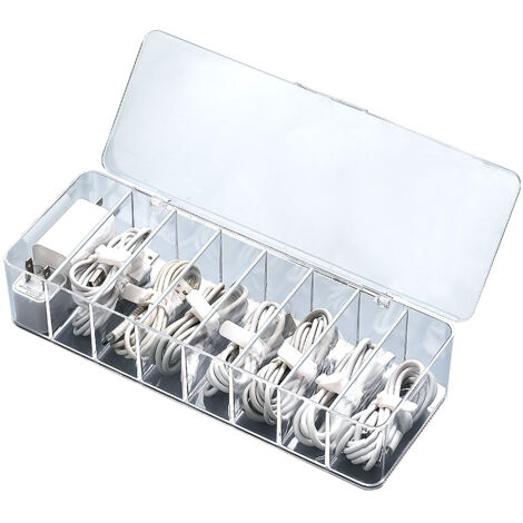 Caja Organizadora De Cables Transparente Con Compartimentos Ajustables – Incluye Tapa Y 10 Bridas – Ideal Para Escritorio Y Cajones