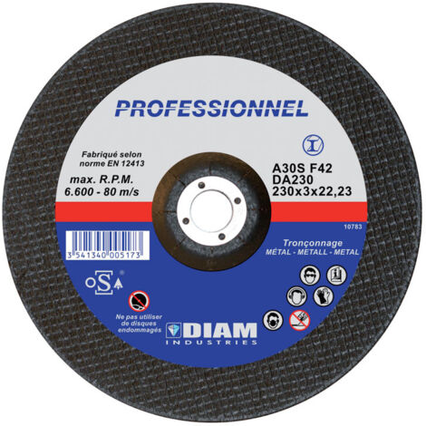 Diam Industries – Disque tronçonner acier 230mm – Épaisseur 3mm – Alésage 22mm – Pour meulage acier – Refroidissement optimisé pour coupe précise