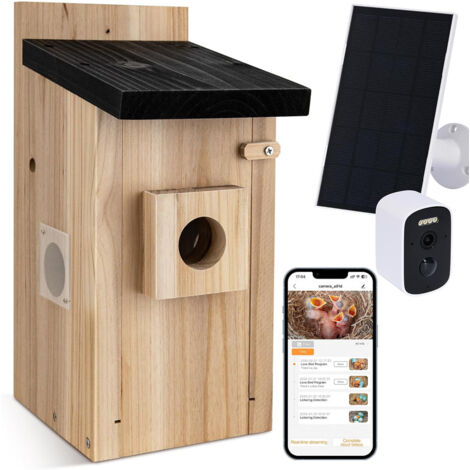 Nichoir pour oiseaux avec caméra 5MP – En bois massif de pin – Vision nocturne – Notifications smartphone – Installation facile en extérieur